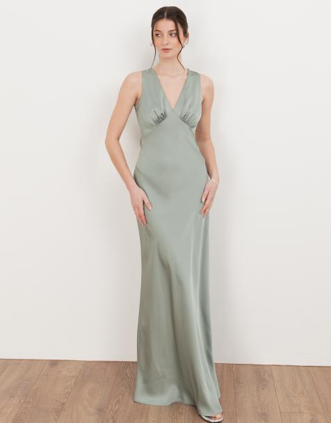 Maya Sleeveless v neck satin maxi dress in sage green - view 1