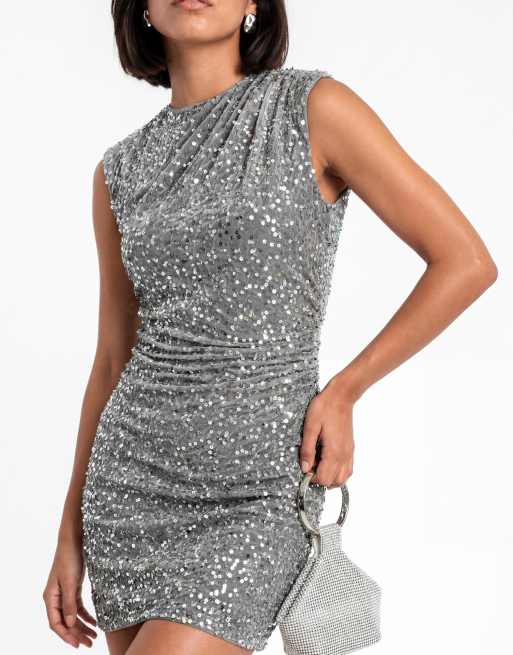 Maya Sleeveless velvet mini dress in silver, 3 of 6