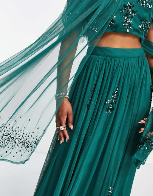 Maya - Smaragdgrøn lehenga-tørklæde med udsmykning, 2 af 4