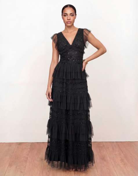 Maya Spot mesh embellished flutter sleeve tiered maxi dress in black - view 1