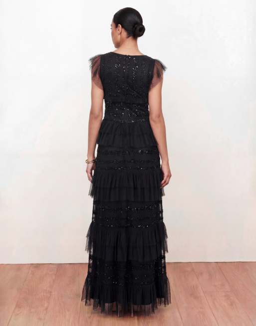 Maya Spot mesh embellished flutter sleeve tiered maxi dress in black, 3 of 4