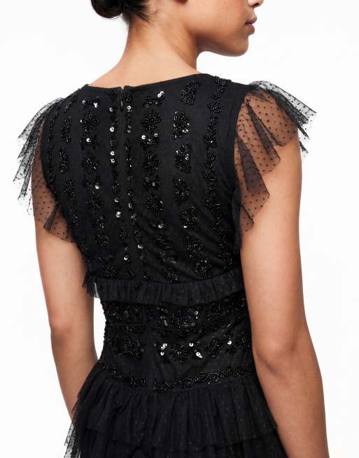 Maya Spot mesh embellished flutter sleeve tiered maxi dress in black, 4 of 4