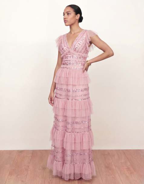 Maya Spot mesh embellished flutter sleeve tiered maxi dress in soft pink - view 1