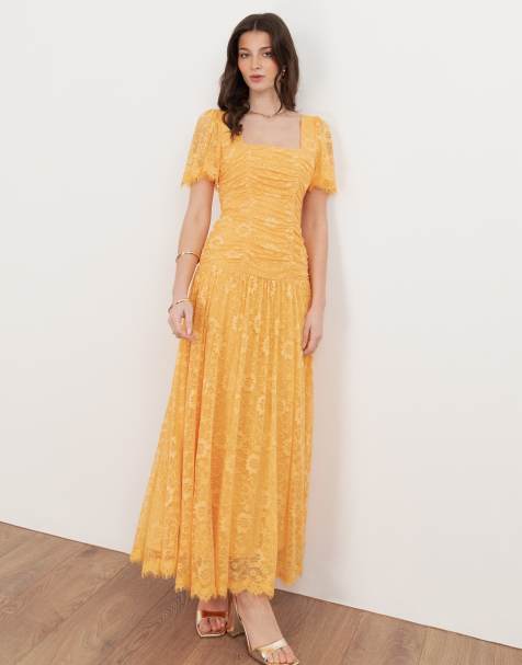 Maya Square neck angel sleeve lace midaxi dress in sunflower - view 1