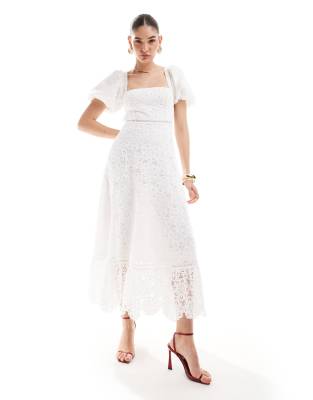 Maya square neck lace midaxi dress with trims in white