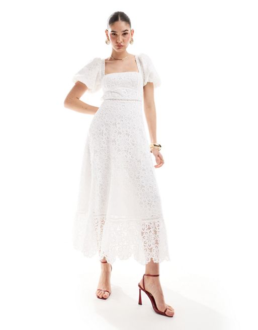 Maya square aus lace midaxi pleated dress with trims in white