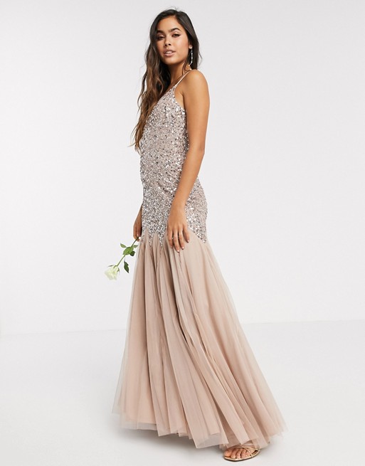 Maya strappy delicate sequin fishtail maxi dress in taupe blush