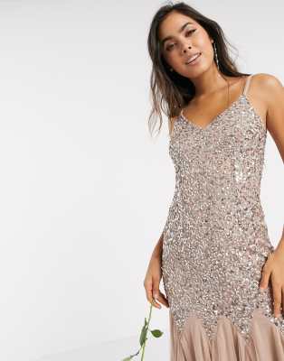 maya v neck sequin fishtail maxi dress