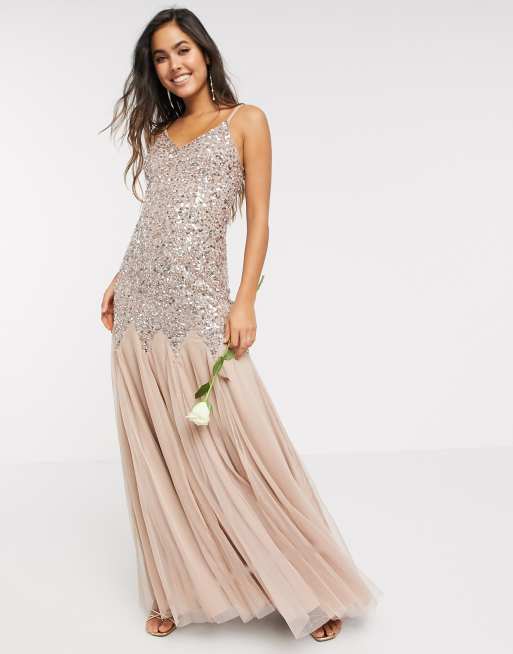 Maya strappy delicate sequin fishtail maxi dress in taupe blush | ASOS