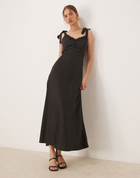 Maya Strappy satin midaxi dress in black