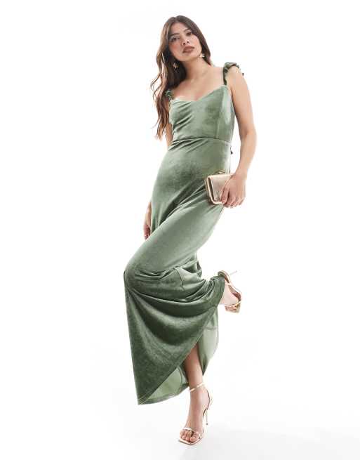 Maya Strappy tie back bridesmaid maxi dress in moss green