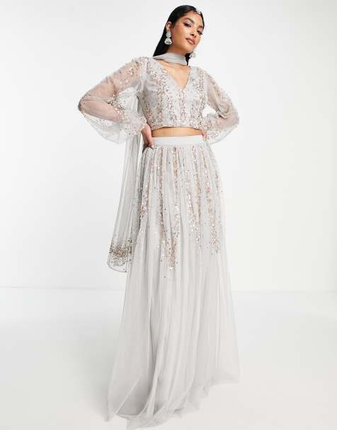 Maya all over embellished lehenga maxi skirt in grey