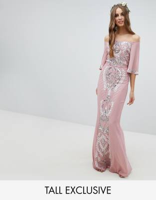 Maya Tall All Over Embellished Bardot Maxi Bridesmaid Dress With Fluted Sleeves-Pink