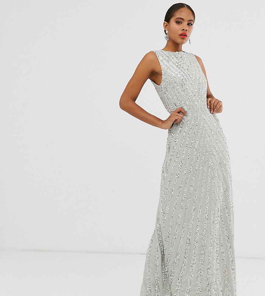 Maya Tall allover stripe embellished trophy maxi dress in silver-Gray ...