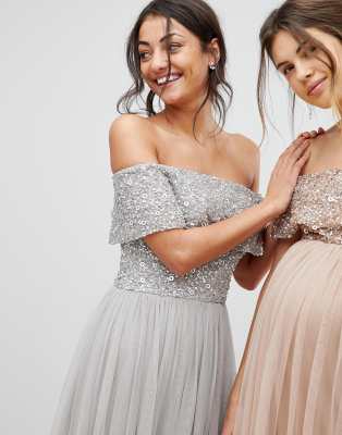maya bardot sequin top tulle detail dress with high low hem