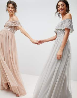 maya bardot sequin top tulle detail dress with high low hem