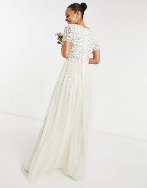 Maya Tall Bridal v neck maxi tulle dress with tonal delicate sequin in ecru ASOS