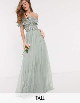 green bardot embellished maxi dress