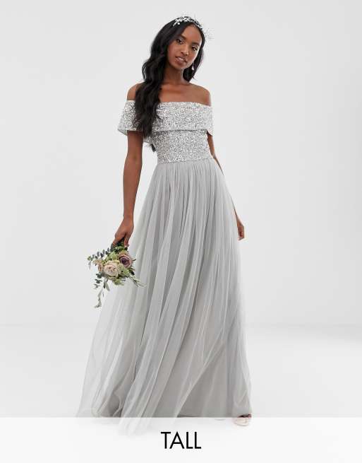 Maya Tall Bridesmaid bardot maxi tulle dress with tonal delicate sequins in silver