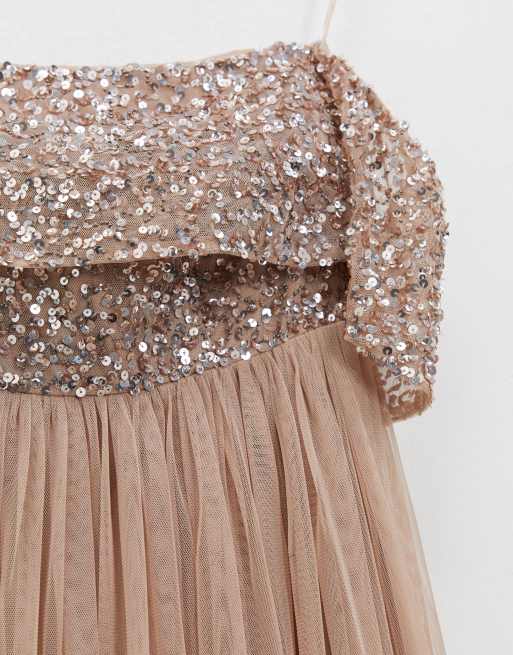 Maya Tall Bridesmaid bardot maxi tulle dress with tonal delicate sequins in  taupe blush | ASOS