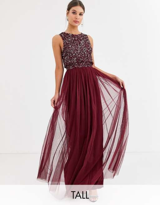 Maya Tall Bridesmaid delicate sequin 2 in 1 maxi dress in wine ASOS