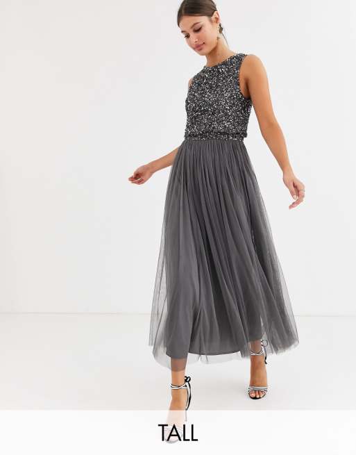 Maya Tall Bridesmaid delicate sequin 2 in 1 midaxi dress in dark grey