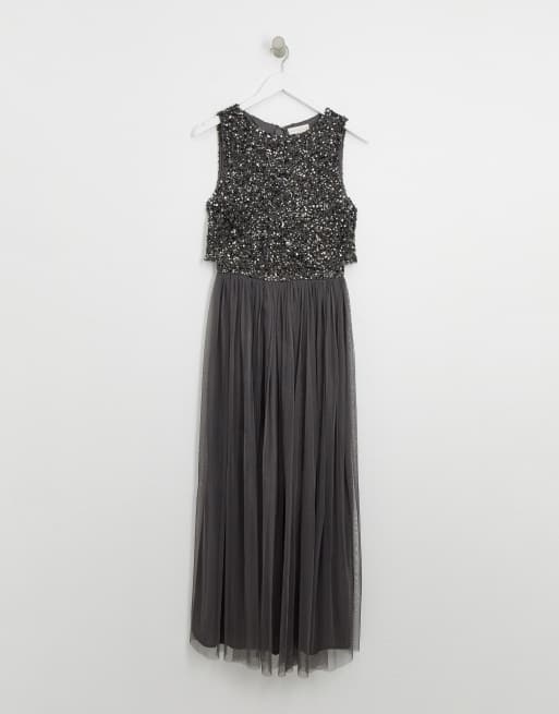 Maya Tall Bridesmaid delicate sequin 2 in 1 midaxi dress in dark grey