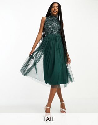 Bridesmaid high neck delicate sequin midi dress in emerald-Green