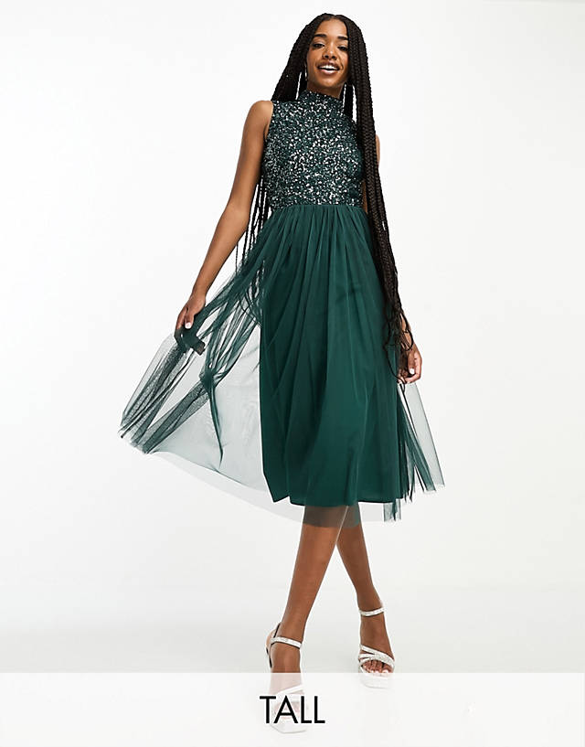 Maya Tall - bridesmaid high neck delicate sequin midi dress in emerald