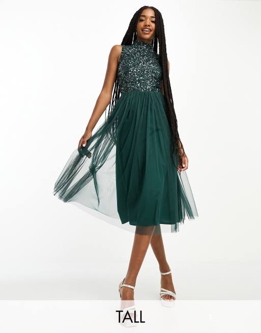 Maya Tall Bridesmaid high neck delicate sequin midi dress in emerald 