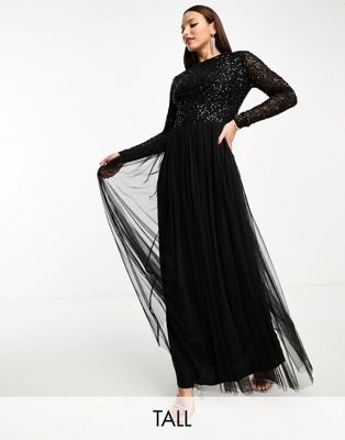 Bridesmaid long sleeve maxi tulle dress with tonal delicate sequin in black