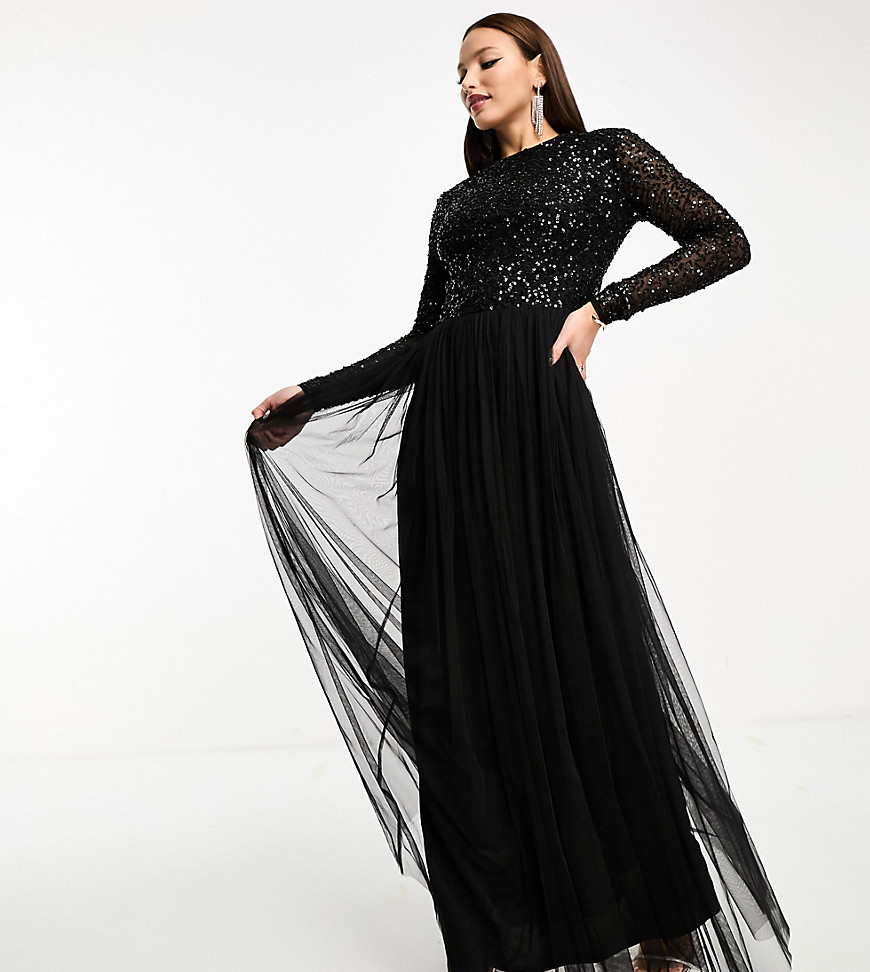 Maya Tall Bridesmaid Long Sleeve Maxi Tulle Dress With Tonal Delicate Sequin In Black