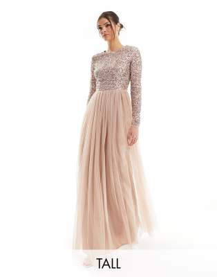 Maya Tall Bridesmaid long sleeve maxi tulle dress with tonal delicate sequin in muted blush-Neutral