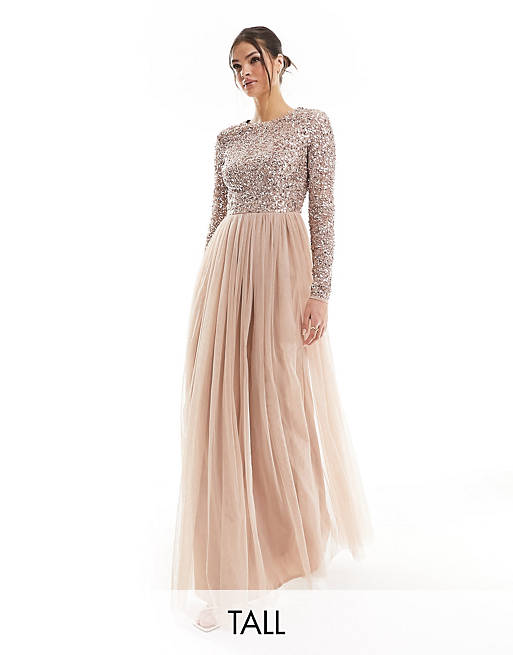 Maya Tall Bridesmaid long sleeve maxi tulle dress with tonal delicate sequin in muted blush