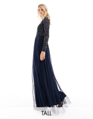 Maya Tall Bridesmaid Long Sleeve Maxi Tulle Dress With Tonal Delicate Sequins In Navy