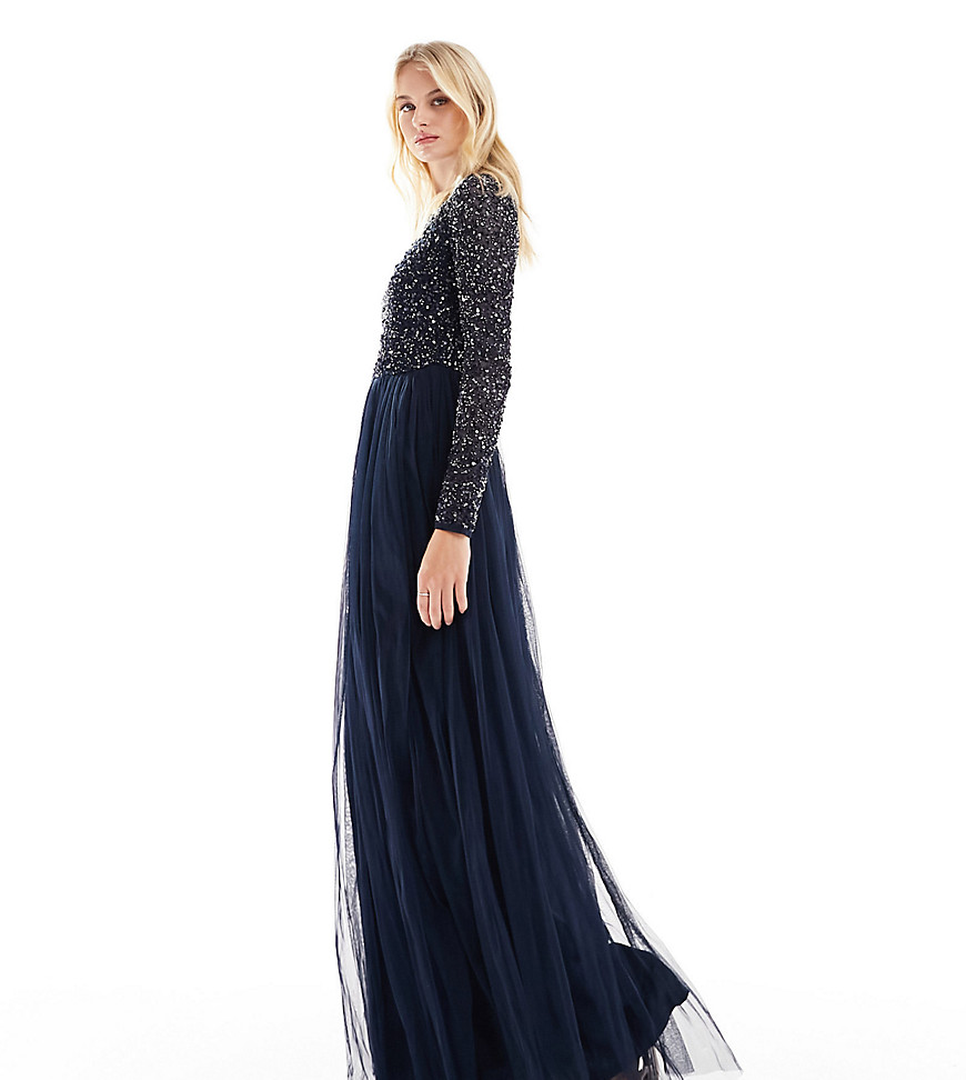 Maya Tall Bridesmaid Long Sleeve Maxi Tulle Dress With Tonal Delicate Sequins In Navy