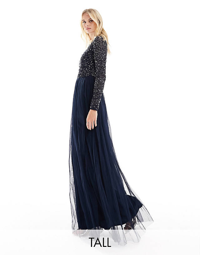 Maya Tall - bridesmaid long sleeve maxi tulle dress with tonal delicate sequin in navy