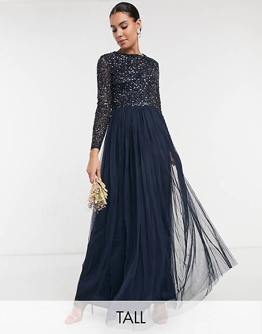  Maya Tall Bridesmaid long sleeve maxi tulle dress with tonal delicate sequins in navy 