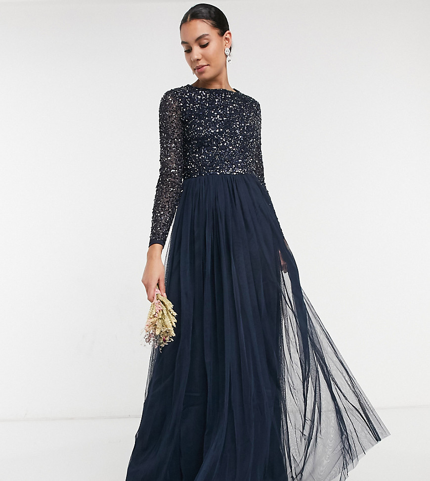 MAYA TALL BRIDESMAID LONG SLEEVE MAXI TULLE DRESS WITH TONAL DELICATE SEQUINS IN NAVY,AZBR1803