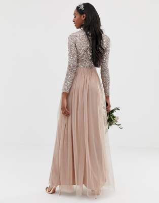 maya tall long sleeve sequin top maxi tulle dress