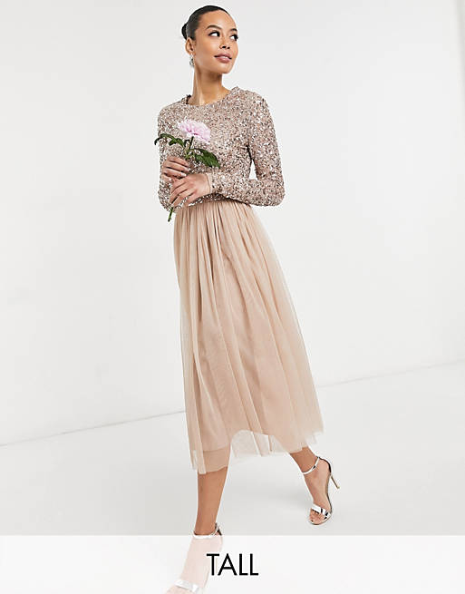 Maya Tall Bridesmaid long sleeve midi tulle dress with tonal delicate sequin in taupe blush