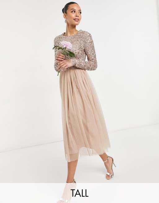 Maya Tall Bridesmaid long sleeve midi tulle dress with tonal delicate sequin in taupe blush