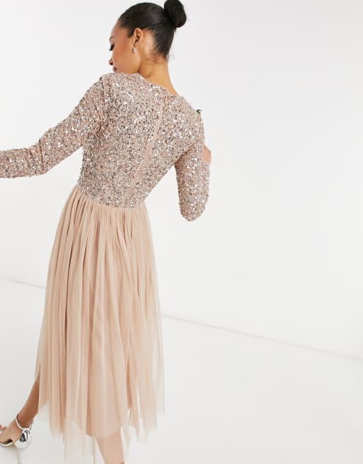 Maya bridesmaid long sleeve maxi tulle dress hotsell with tonal delicate sequins in taupe blush