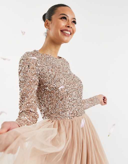 Maya Tall Bridesmaid long sleeve midi tulle dress with tonal delicate sequin in taupe blush