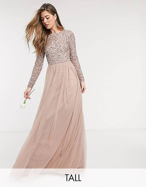 Maya Tall Bridesmaid long sleeve v back maxi tulle dress with tonal delicate sequin in taupe blush