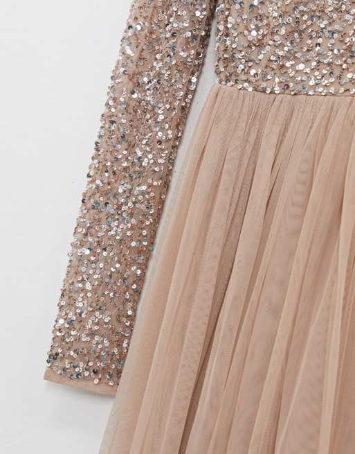 Shops maya bridesmaid bardot maxi tulle dress with tonal delicate sequins in taupe blush