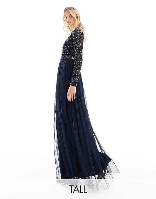 Maya Tall Bridesmaid long-sleeved maxi tulle dress with tonal delicate sequins in navy