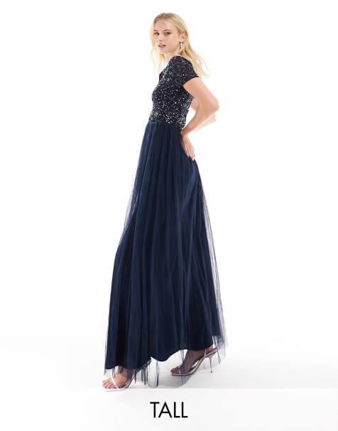 Love Triangle Plunge Front Maxi Dress With Eyelash Lace Train In Navy, $17, Asos