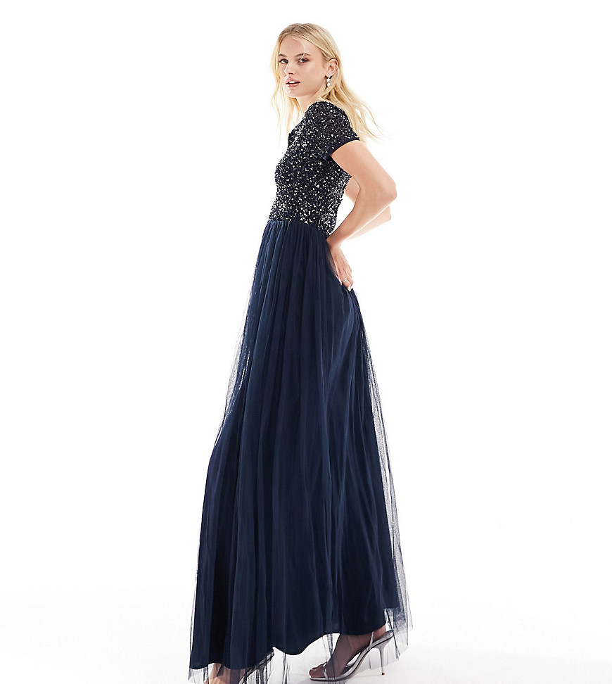Bridesmaid short sleeve maxi tulle dress with tonal delicate sequin in navy