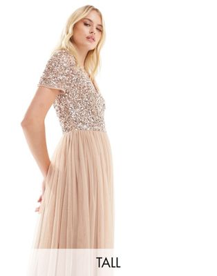 Maya Tall Bridesmaid Short Sleeve Maxi Tulle Dress With Tonal Delicate Sequins In Muted Blush-neutral
